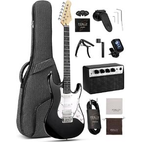 Fesley 39 Inch Electric Guitar, Beginner Electric Guitar Kit with HSS Pickup, Full Size Solid Body Guitar Starter Set with Amplifier, Bag, Strap, String, Cable, Picks, FST100, Black