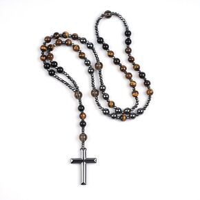 Rosary Necklace, Catholic Rosary Beads with Tiger Eye, Obsidian, and Hematite for Women and Men Triple Protection Necklace An Anxiety Relief Beaded Necklace. (Tiger Eye Red)