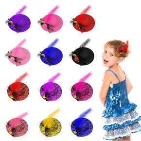 12pcs Mini Tea Hat Hair Clip for Women, 2 Inch Party Hair Fascinators with Mesh Flowers Faux Feather, Multicolored