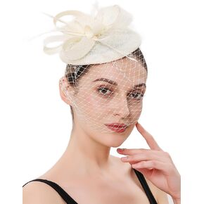 Fascinators Hats Women Pillbox Hat with Mesh Veil Feathers Derby Headband Wedding Headwear Tea Party Hair Clip 20s 50s Top Hat W4-38-Beige