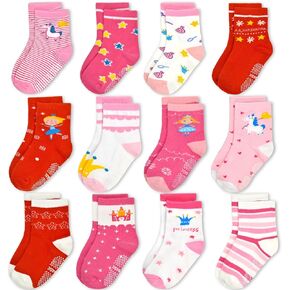 GRPSKCOS Toddler Girls Socks, 12 Pack Non Slip Breathable Crew Socks with Grips for 1-7 Years Kids