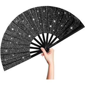 OMyTea Glitter Large Rave Folding Hand Fan - 13'' Foldable Clack Chinese Tai Chi Kung Fu Fan - for Festivals, EDM, Club, Dancing, Hot Flashes, Church and Gifts (Pink)