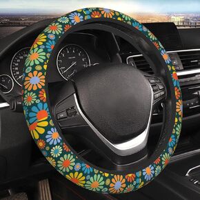 Vintage Groovy Flowers Steering Wheel Cover Universal 15 Inch Cute Pink Car Accessories Protector for Women