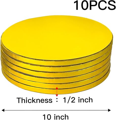10 عبوات من ألواح الكيك الذهبية مقاس 10 بوصة، طبلة الكيك، طبلة لوحة الكيك المستديرة القوية لكعكة عيد الميلاد، رقائق مقاومة للدهون، قاعدة عرض دائرية ناعمة احترافية، بسمك 1/2 بوصة، عبوة من 10 قطع in Kuwait