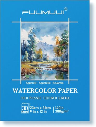 ورق ألوان مائية من Fuumuui - 30 ورقة مقاس 9 × 12 بوصة لوحة ألوان مائية مضغوطة على البارد - 140 رطل/300 جرام في المتر المربع لحبر الغواش المائي in Kuwait