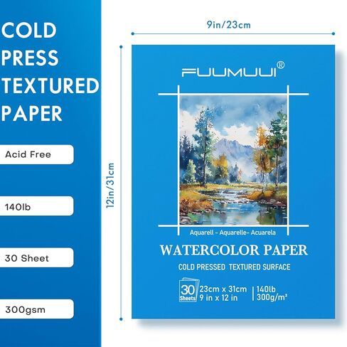ورق ألوان مائية من Fuumuui - 30 ورقة مقاس 9 × 12 بوصة لوحة ألوان مائية مضغوطة على البارد - 140 رطل/300 جرام في المتر المربع لحبر الغواش المائي in Kuwait