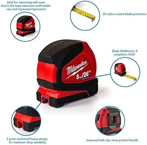 Milwaukee 4932459596 8m/26ft Pro Compact Tape Measure, Red in Saudi Arabia