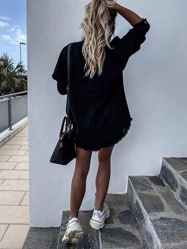 Anna-Kaci Women's Casual Long Sleeve Irregular Hem Denim Jacket Ripped Distressed Jacket, Black, Large in Saudi Arabia