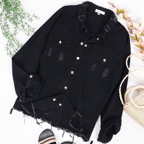 Anna-Kaci Women's Casual Long Sleeve Irregular Hem Denim Jacket Ripped Distressed Jacket, Black, Large in Saudi Arabia