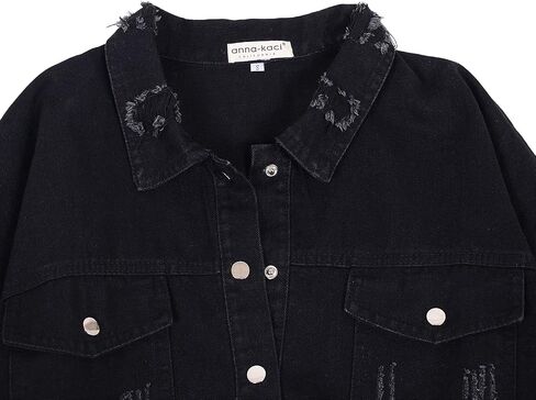 Anna-Kaci Women's Casual Long Sleeve Irregular Hem Denim Jacket Ripped Distressed Jacket, Black, Large in Saudi Arabia