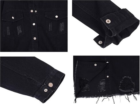 Anna-Kaci Women's Casual Long Sleeve Irregular Hem Denim Jacket Ripped Distressed Jacket, Black, Large in Saudi Arabia