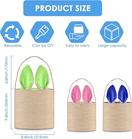 PACETAP 3 Pcs Easter Bunny Baskets with Ears Stand Up, Cute Easter Canvas Jute Bags, Easter Burlap Bunny Ear Bags for Kids Gift Egg Hunting Candy (Pink, Green, Blue) in Kuwait