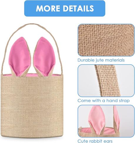 PACETAP 3 Pcs Easter Bunny Baskets with Ears Stand Up, Cute Easter Canvas Jute Bags, Easter Burlap Bunny Ear Bags for Kids Gift Egg Hunting Candy (Pink, Green, Blue) in Kuwait