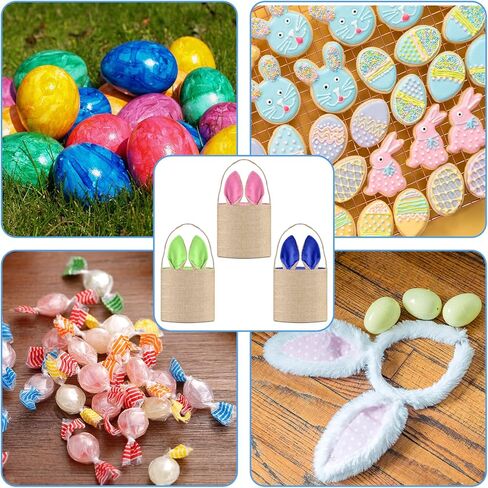 PACETAP 3 Pcs Easter Bunny Baskets with Ears Stand Up, Cute Easter Canvas Jute Bags, Easter Burlap Bunny Ear Bags for Kids Gift Egg Hunting Candy (Pink, Green, Blue) in Kuwait