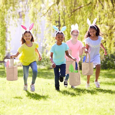 PACETAP 3 Pcs Easter Bunny Baskets with Ears Stand Up, Cute Easter Canvas Jute Bags, Easter Burlap Bunny Ear Bags for Kids Gift Egg Hunting Candy (Pink, Green, Blue) in Kuwait