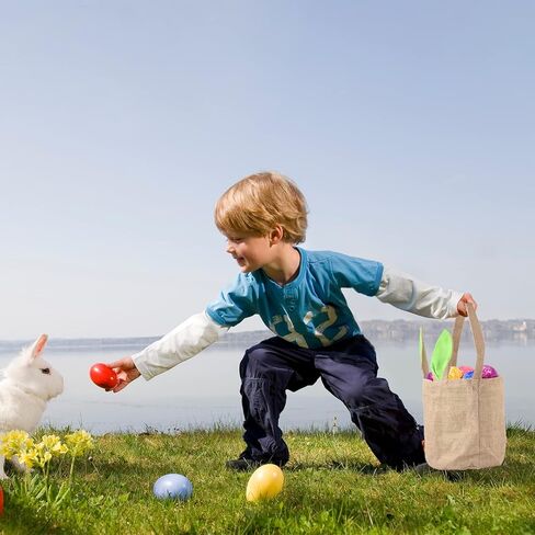 PACETAP 3 Pcs Easter Bunny Baskets with Ears Stand Up, Cute Easter Canvas Jute Bags, Easter Burlap Bunny Ear Bags for Kids Gift Egg Hunting Candy (Pink, Green, Blue) in Kuwait