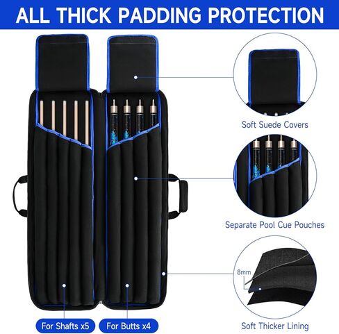 حقيبة عصا البلياردو مقاس 4 × 5، حقيبة حمل عصا حمام السباحة تحمل 4 أعقاب و5 أعمدة، حقيبة عصا البلياردو مع 14 جيبًا وحزام كتف، سوداء (الحقيبة فقط) in Kuwait