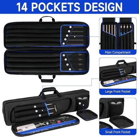 حقيبة عصا البلياردو مقاس 4 × 5، حقيبة حمل عصا حمام السباحة تحمل 4 أعقاب و5 أعمدة، حقيبة عصا البلياردو مع 14 جيبًا وحزام كتف، سوداء (الحقيبة فقط) in Kuwait