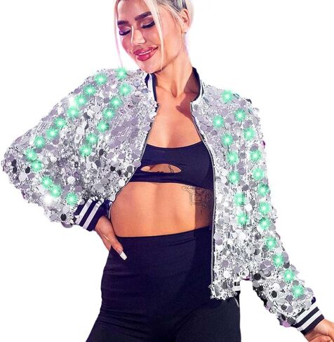 EVILD Women Light Up Sparkly Sequin Bomber Jacket Glitter Long Sleeve Jackets Rave Party Concert Jackets in Kuwait