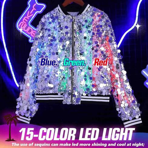 EVILD Women Light Up Sparkly Sequin Bomber Jacket Glitter Long Sleeve Jackets Rave Party Concert Jackets in Kuwait