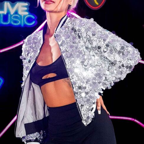 EVILD Women Light Up Sparkly Sequin Bomber Jacket Glitter Long Sleeve Jackets Rave Party Concert Jackets in Kuwait