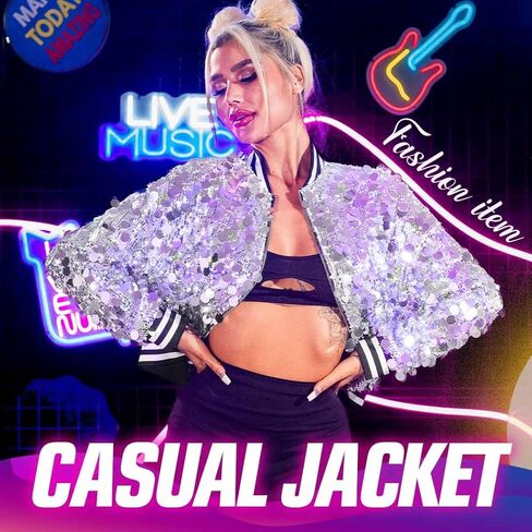 EVILD Women Light Up Sparkly Sequin Bomber Jacket Glitter Long Sleeve Jackets Rave Party Concert Jackets in Kuwait