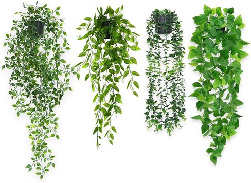 Fake-Hanging Plants 4 Pack Artificial Hanging Plants Potted Greenery Faux- Eucalyptus Mandala Vine Pea Pod Lvy Vine Leaves for Shelf Room Office Home Wall Indoor Outdoor Decor in Saudi Arabia