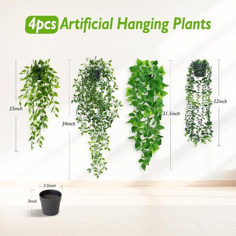 Fake-Hanging Plants 4 Pack Artificial Hanging Plants Potted Greenery Faux- Eucalyptus Mandala Vine Pea Pod Lvy Vine Leaves for Shelf Room Office Home Wall Indoor Outdoor Decor in Saudi Arabia