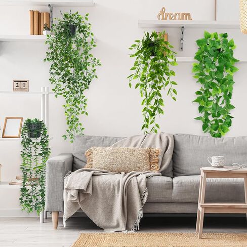 Fake-Hanging Plants 4 Pack Artificial Hanging Plants Potted Greenery Faux- Eucalyptus Mandala Vine Pea Pod Lvy Vine Leaves for Shelf Room Office Home Wall Indoor Outdoor Decor in Saudi Arabia