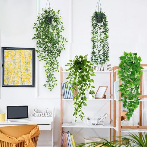 Fake-Hanging Plants 4 Pack Artificial Hanging Plants Potted Greenery Faux- Eucalyptus Mandala Vine Pea Pod Lvy Vine Leaves for Shelf Room Office Home Wall Indoor Outdoor Decor in Saudi Arabia