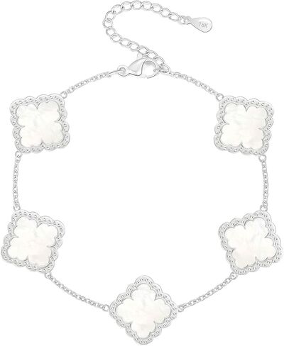 Mother's Day Bracelet Gifts Silver Plated Lucky Four Leaf Bracelet Adjustable White Mother of Pearl Silver Four Leaf Bracelet for Mom Women Girls Lover Trendy Lucky Four Leaf Bracelet Mother's Day Gift Bracelets in Saudi Arabia
