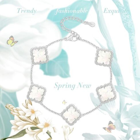 Mother's Day Bracelet Gifts Silver Plated Lucky Four Leaf Bracelet Adjustable White Mother of Pearl Silver Four Leaf Bracelet for Mom Women Girls Lover Trendy Lucky Four Leaf Bracelet Mother's Day Gift Bracelets in Saudi Arabia