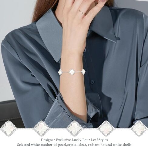 Mother's Day Bracelet Gifts Silver Plated Lucky Four Leaf Bracelet Adjustable White Mother of Pearl Silver Four Leaf Bracelet for Mom Women Girls Lover Trendy Lucky Four Leaf Bracelet Mother's Day Gift Bracelets in Saudi Arabia
