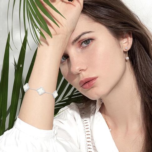 Mother's Day Bracelet Gifts Silver Plated Lucky Four Leaf Bracelet Adjustable White Mother of Pearl Silver Four Leaf Bracelet for Mom Women Girls Lover Trendy Lucky Four Leaf Bracelet Mother's Day Gift Bracelets in Saudi Arabia