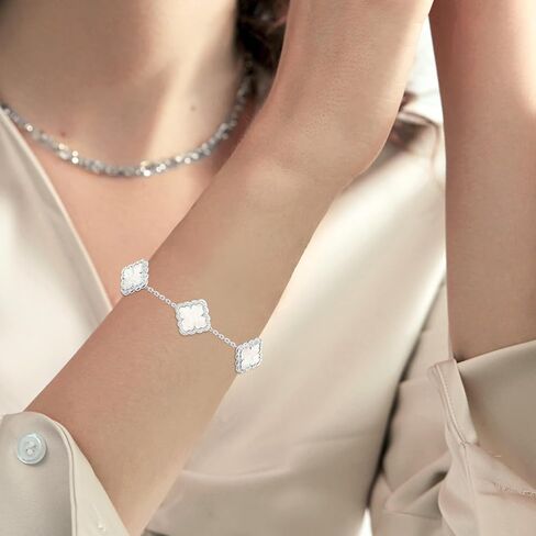 Mother's Day Bracelet Gifts Silver Plated Lucky Four Leaf Bracelet Adjustable White Mother of Pearl Silver Four Leaf Bracelet for Mom Women Girls Lover Trendy Lucky Four Leaf Bracelet Mother's Day Gift Bracelets in Saudi Arabia