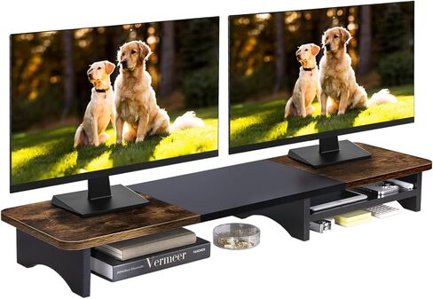 حامل شاشة مزدوج من ARCOBIS مع مساحة تخزين، رف منظم مكتب خشبي كبير مقاس 39.3 بوصة، حامل شاشة كمبيوتر لشاشتين، حامل منظم سطح المكتب متعدد الأغراض للكمبيوتر والكمبيوتر المحمول والطابعة والتلفزيون in Kuwait