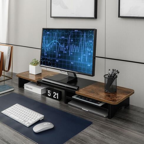 حامل شاشة مزدوج من ARCOBIS مع مساحة تخزين، رف منظم مكتب خشبي كبير مقاس 39.3 بوصة، حامل شاشة كمبيوتر لشاشتين، حامل منظم سطح المكتب متعدد الأغراض للكمبيوتر والكمبيوتر المحمول والطابعة والتلفزيون in Kuwait