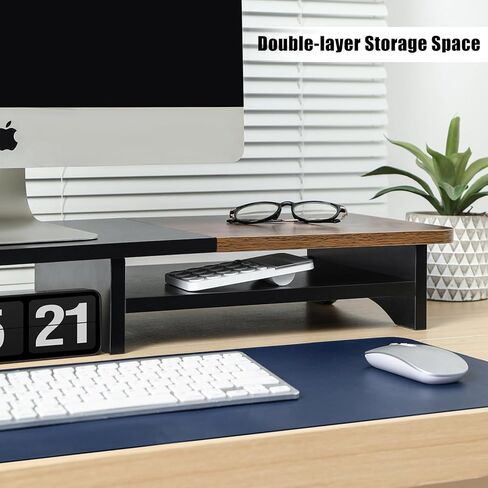 حامل شاشة مزدوج من ARCOBIS مع مساحة تخزين، رف منظم مكتب خشبي كبير مقاس 39.3 بوصة، حامل شاشة كمبيوتر لشاشتين، حامل منظم سطح المكتب متعدد الأغراض للكمبيوتر والكمبيوتر المحمول والطابعة والتلفزيون in Kuwait