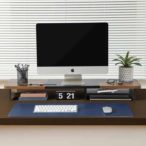 حامل شاشة مزدوج من ARCOBIS مع مساحة تخزين، رف منظم مكتب خشبي كبير مقاس 39.3 بوصة، حامل شاشة كمبيوتر لشاشتين، حامل منظم سطح المكتب متعدد الأغراض للكمبيوتر والكمبيوتر المحمول والطابعة والتلفزيون in Kuwait