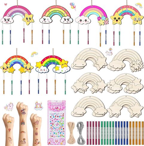treaclub 12 حزمة قوس قزح الرياح الرنين مجموعات للأطفال، جعل قوس قزح الرياح الرنين DIY التلوين اصنع بنفسك الرياح الرنين مجموعات الفنون والحرف الخشبية للفتيات الأولاد حزب تفضل الأنشطة المدرسية in Kuwait