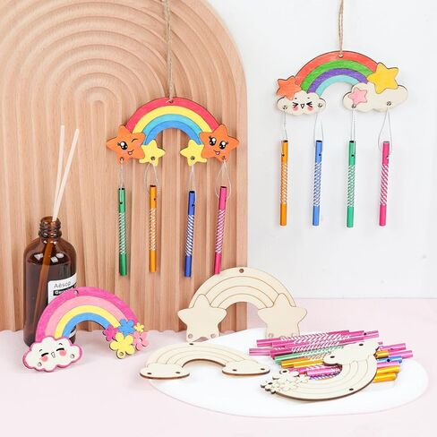treaclub 12 حزمة قوس قزح الرياح الرنين مجموعات للأطفال، جعل قوس قزح الرياح الرنين DIY التلوين اصنع بنفسك الرياح الرنين مجموعات الفنون والحرف الخشبية للفتيات الأولاد حزب تفضل الأنشطة المدرسية in Kuwait