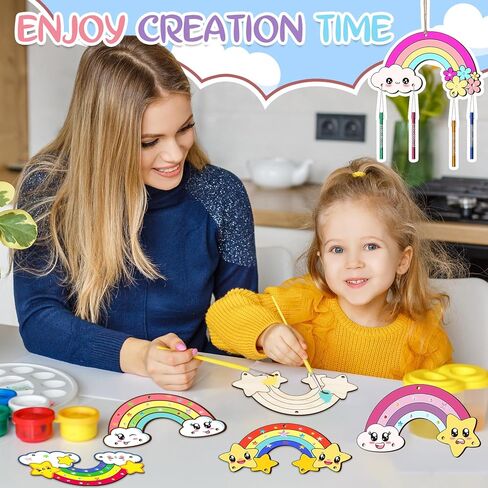 treaclub 12 حزمة قوس قزح الرياح الرنين مجموعات للأطفال، جعل قوس قزح الرياح الرنين DIY التلوين اصنع بنفسك الرياح الرنين مجموعات الفنون والحرف الخشبية للفتيات الأولاد حزب تفضل الأنشطة المدرسية in Kuwait