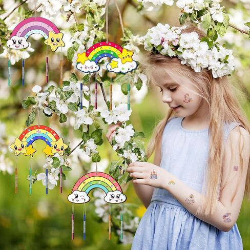 treaclub 12 حزمة قوس قزح الرياح الرنين مجموعات للأطفال، جعل قوس قزح الرياح الرنين DIY التلوين اصنع بنفسك الرياح الرنين مجموعات الفنون والحرف الخشبية للفتيات الأولاد حزب تفضل الأنشطة المدرسية in Kuwait