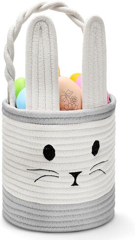 سلة عيد الفصح المنسوجة مع مقبض، سلة أرنب الطفل المطرزة حبل سلة تخزين الحضانة للأطفال مع آذان أرنب لعبة سلة هدايا فارغة لتخزين الحلوى لعبة فتاة لوازم الحفلات in Kuwait