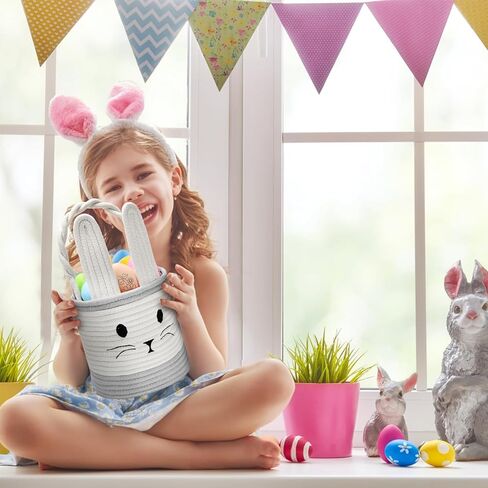 سلة عيد الفصح المنسوجة مع مقبض، سلة أرنب الطفل المطرزة حبل سلة تخزين الحضانة للأطفال مع آذان أرنب لعبة سلة هدايا فارغة لتخزين الحلوى لعبة فتاة لوازم الحفلات in Kuwait