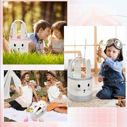 سلة عيد الفصح المنسوجة مع مقبض، سلة أرنب الطفل المطرزة حبل سلة تخزين الحضانة للأطفال مع آذان أرنب لعبة سلة هدايا فارغة لتخزين الحلوى لعبة فتاة لوازم الحفلات in Kuwait