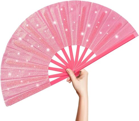 مروحة يد OMyTea Glitter كبيرة قابلة للطي - 13 بوصة قابلة للطي Clack Chinese Tai Chi Kung Fu Fan - للمهرجانات، EDM، النادي، الرقص، الهبات الساخنة، الكنيسة والهدايا (وردي) in Kuwait