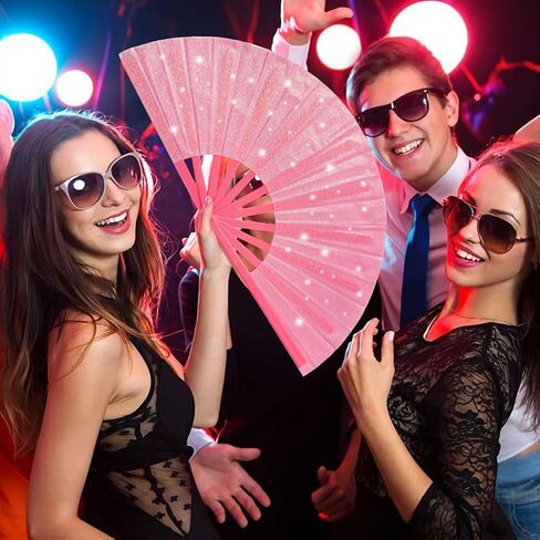 مروحة يد OMyTea Glitter كبيرة قابلة للطي - 13 بوصة قابلة للطي Clack Chinese Tai Chi Kung Fu Fan - للمهرجانات، EDM، النادي، الرقص، الهبات الساخنة، الكنيسة والهدايا (وردي) in Kuwait