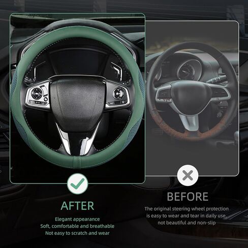 غطاء عجلة القيادة باللون الأخضر، شبكة على شكل قرص العسل من الحرير الجليدي، مريحة ومريحة وناعمة ومضادة للانزلاق من جلد البولي يوريثان، ملحقات سيارة داخلية عالمية تناسب عجلة القيادة مقاس 14.9-15 بوصة (أخضر) in Kuwait
