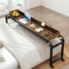 Tangkula Overbed Table with Wheels, Queen Size Mobile Bed Desk with Adjustable Height & Length, Rolling Computer Desk with Metal Frame, Laptop Cart for Bedroom, Living Room, Hospital (Rustic Brown) in Saudi Arabia